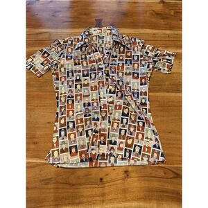 VINTAGE 90s Faces Collage Short Sleeve Button Down Shirt Geometric Retro SMALL